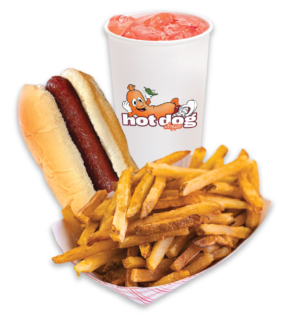 Hot dog in a bun served with a tray of fries and a large cup of red slush drink featuring a Hot Dog Dippers logo