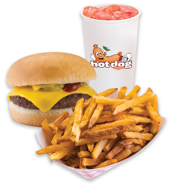 Cheeseburger with pickles and ketchup served with a tray of fries and a large red slush drink featuring a Hot Dog Dippers logo.