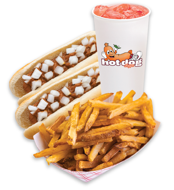 Two chili onion hot dogs served with a tray of fries and a large red slush drink featuring a Hot Dog Dippers logo.
