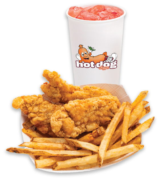 Breaded chicken tenders served with fries and a large red slush drink featuring a Hot Dog Dippers logo.